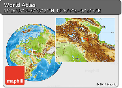 Physical Location Map of the Area around 37° 42' 7" N, 45° 58' 30" E