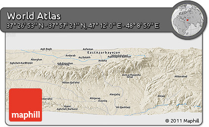 Shaded Relief Panoramic Map of the Area around 37° 42' 7" N, 47° 40' 29" E