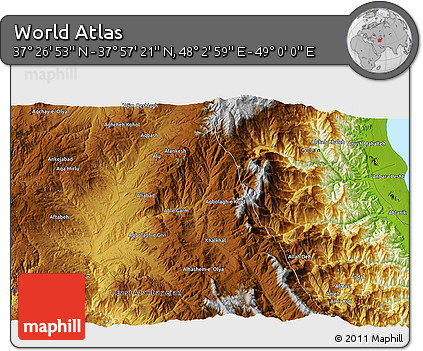 Physical 3D Map of the Area around 37° 42' 7" N, 48° 31' 29" E
