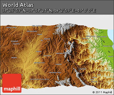 Physical 3D Map of the Area around 37° 42' 7" N, 48° 31' 29" E
