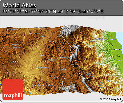 Physical 3D Map of the Area around 37° 42' 7" N, 48° 31' 29" E