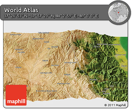 Satellite 3D Map of the Area around 37° 42' 7" N, 48° 31' 29" E