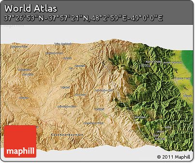 Satellite 3D Map of the Area around 37° 42' 7" N, 48° 31' 29" E