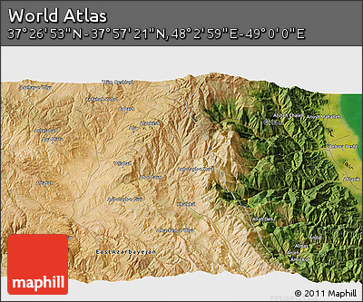 Satellite 3D Map of the Area around 37° 42' 7" N, 48° 31' 29" E