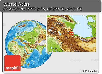 Physical Location Map of the Area around 37° 42' 7" N, 48° 31' 29" E