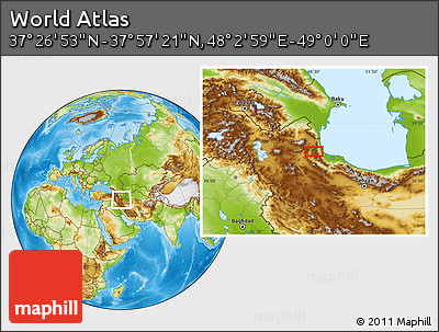 Physical Location Map of the Area around 37° 42' 7" N, 48° 31' 29" E