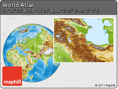 Physical Location Map of the Area around 37° 42' 7" N, 48° 31' 29" E