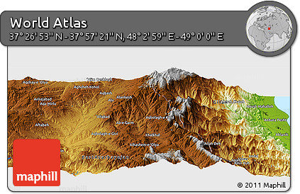 Physical Panoramic Map of the Area around 37° 42' 7" N, 48° 31' 29" E