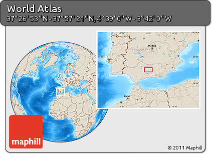 Shaded Relief Location Map of the Area around 37° 42' 7" N, 4° 10' 30" W