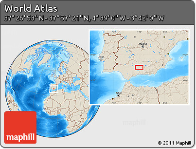 Shaded Relief Location Map of the Area around 37° 42' 7" N, 4° 10' 30" W