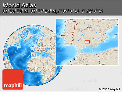 Shaded Relief Location Map of the Area around 37° 42' 7" N, 4° 10' 30" W