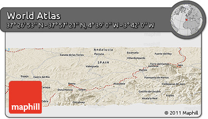 Shaded Relief Panoramic Map of the Area around 37° 42' 7" N, 4° 10' 30" W