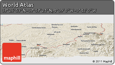 Shaded Relief Panoramic Map of the Area around 37° 42' 7" N, 4° 10' 30" W