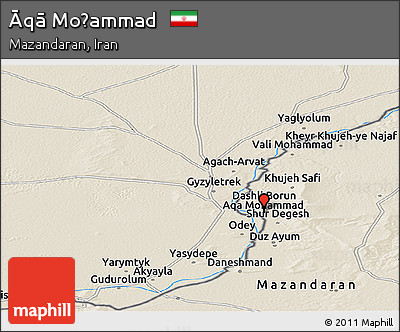 Shaded Relief Panoramic Map of Āqā Moḩammad