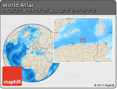 Shaded Relief Location Map of the Area around 37° 42' 7" N, 5° 10' 30" E