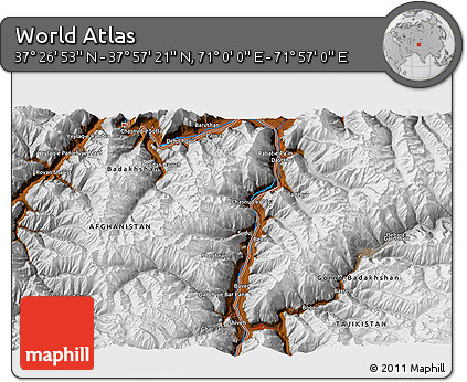 Physical 3D Map of the Area around 37° 42' 7" N, 71° 28' 29" E