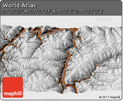 Physical 3D Map of the Area around 37° 42' 7" N, 71° 28' 29" E
