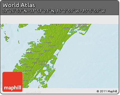 Physical 3D Map of the Area around 37° 42' 7" N, 75° 34' 29" W