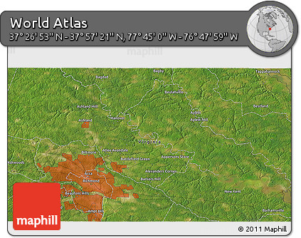 Satellite 3D Map of the Area around 37° 42' 7" N, 77° 16' 30" W