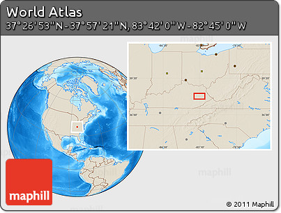 Shaded Relief Location Map of the Area around 37° 42' 7" N, 83° 13' 29" W
