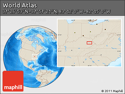 Shaded Relief Location Map of the Area around 37° 42' 7" N, 83° 13' 29" W