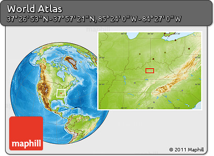 Physical Location Map of the Area around 37° 42' 7" N, 84° 55' 30" W