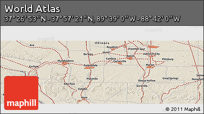 Shaded Relief Panoramic Map of the Area around 37° 42' 7" N, 89° 10' 30" W
