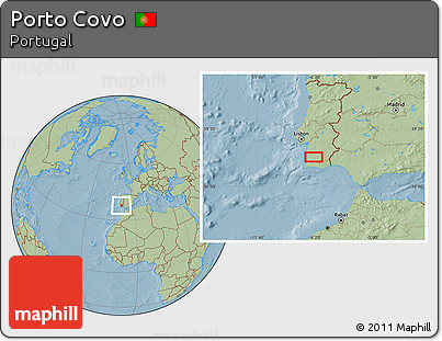 Savanna Style Location Map of Porto Covo, hill shading