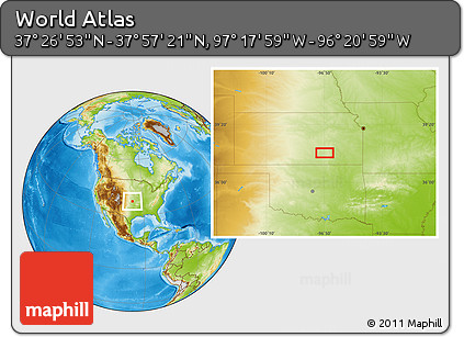 Physical Location Map of the Area around 37° 42' 7" N, 96° 49' 29" W