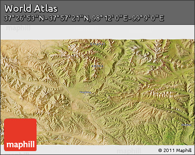 Satellite 3D Map of the Area around 37° 42' 7" N, 98° 40' 30" E