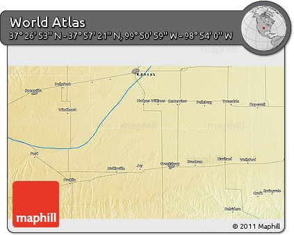 Physical 3D Map of the Area around 37° 42' 7" N, 99° 22' 30" W