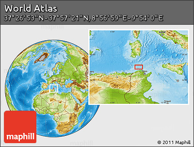 Physical Location Map of the Area around 37° 42' 7" N, 9° 25' 30" E