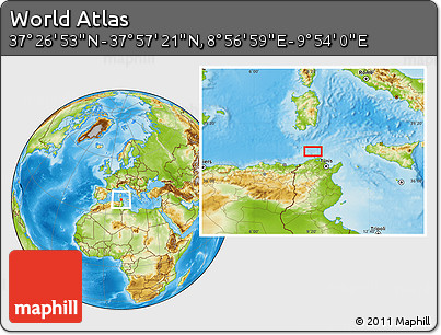 Physical Location Map of the Area around 37° 42' 7" N, 9° 25' 30" E