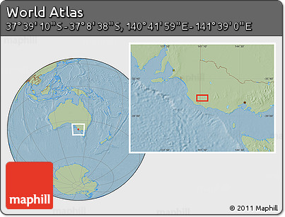 Savanna Style Location Map of the Area around 37° 23' 54" S, 141° 10' 30" E, hill shading