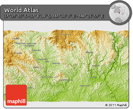 Physical 3D Map of the Area around 37° 23' 54" S, 147° 58' 29" E