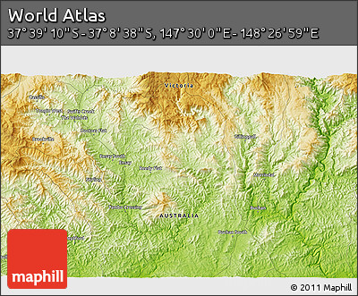 Physical 3D Map of the Area around 37° 23' 54" S, 147° 58' 29" E