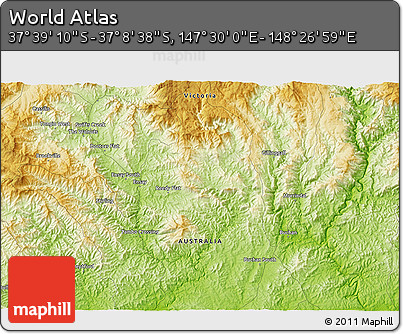 Physical 3D Map of the Area around 37° 23' 54" S, 147° 58' 29" E