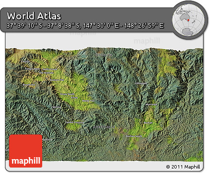 Satellite 3D Map of the Area around 37° 23' 54" S, 147° 58' 29" E