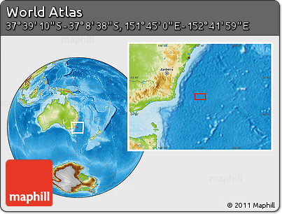 Physical Location Map of the Area around 37° 23' 54" S, 152° 13' 29" E