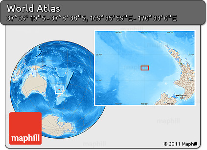 Shaded Relief Location Map of the Area around 37° 23' 54" S, 170° 4' 29" E