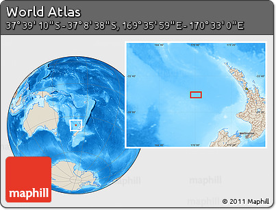 Shaded Relief Location Map of the Area around 37° 23' 54" S, 170° 4' 29" E