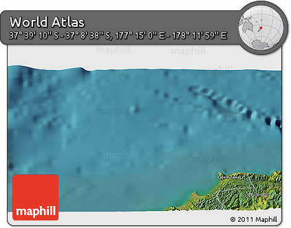 Satellite 3D Map of the Area around 37° 23' 54" S, 177° 43' 29" E