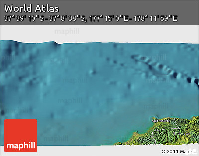 Satellite 3D Map of the Area around 37° 23' 54" S, 177° 43' 29" E