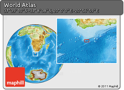 Physical Location Map of the Area around 37° 23' 54" S, 20° 28' 30" E