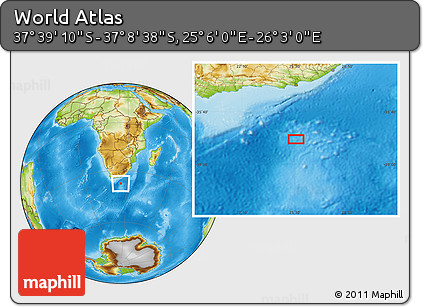 Physical Location Map of the Area around 37° 23' 54" S, 25° 34' 30" E