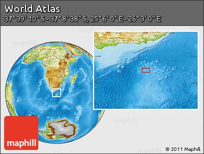 Physical Location Map of the Area around 37° 23' 54" S, 25° 34' 30" E