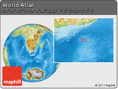 Physical Location Map of the Area around 37° 23' 54" S, 25° 34' 30" E