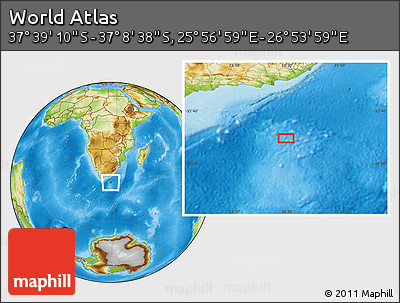 Physical Location Map of the Area around 37° 23' 54" S, 26° 25' 29" E