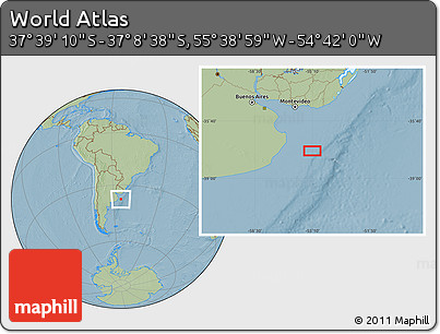 Savanna Style Location Map of the Area around 37° 23' 54" S, 55° 10' 29" W, hill shading