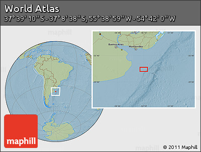 Savanna Style Location Map of the Area around 37° 23' 54" S, 55° 10' 29" W, hill shading